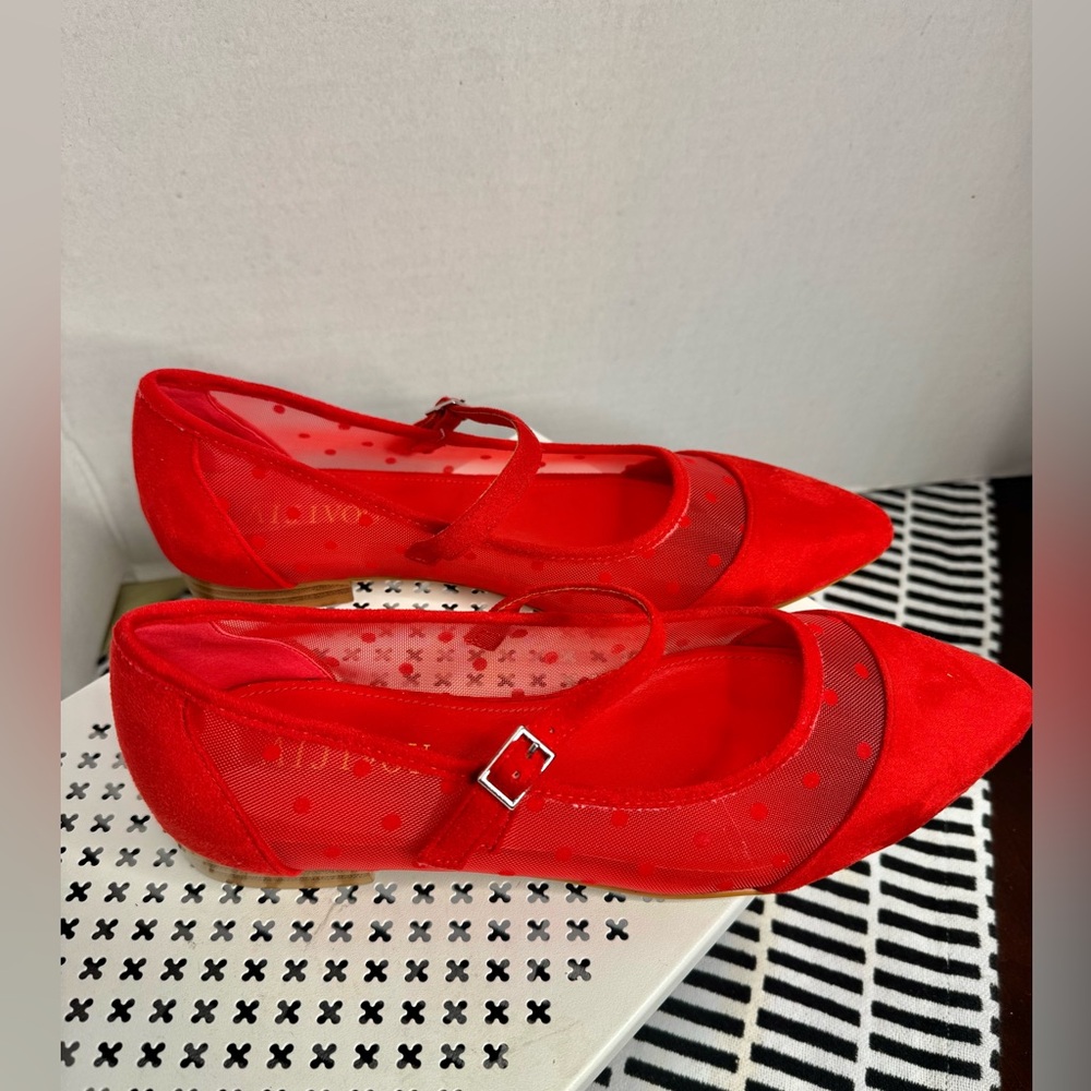 AIJIVOU Red Mesh & Faux Suede Mary Jane Flats Size 10 Pointed Toe Buckle Strap